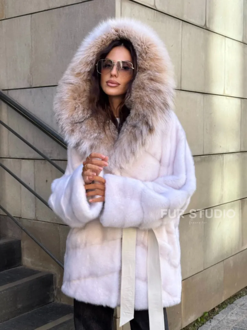 Норковая шуба с мехом рыси - белая - фото 12