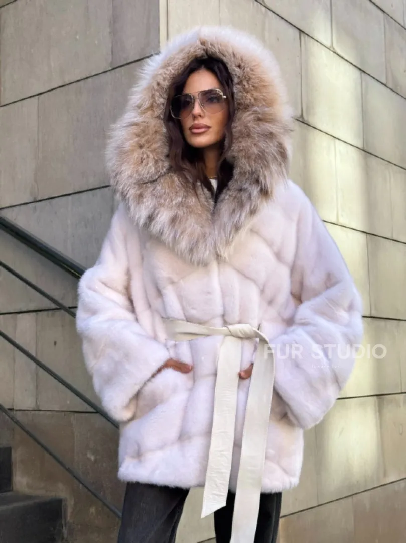 Норковая шуба с мехом рыси - белая - фото 10