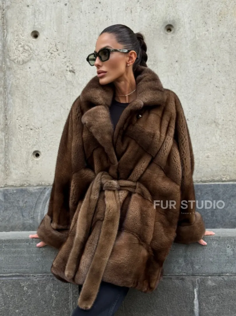 Шуба летучка из премиум меха норки - цвет соболь - фото 12