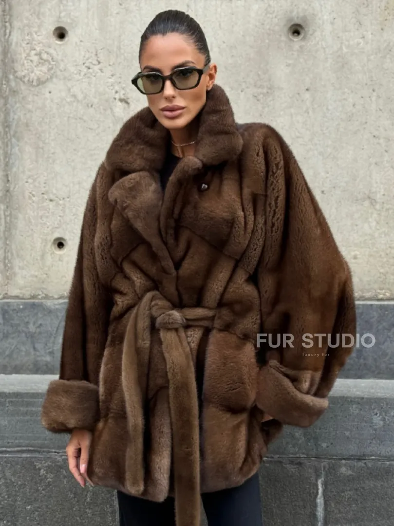 Шуба летучка из премиум меха норки - цвет соболь - фото 0