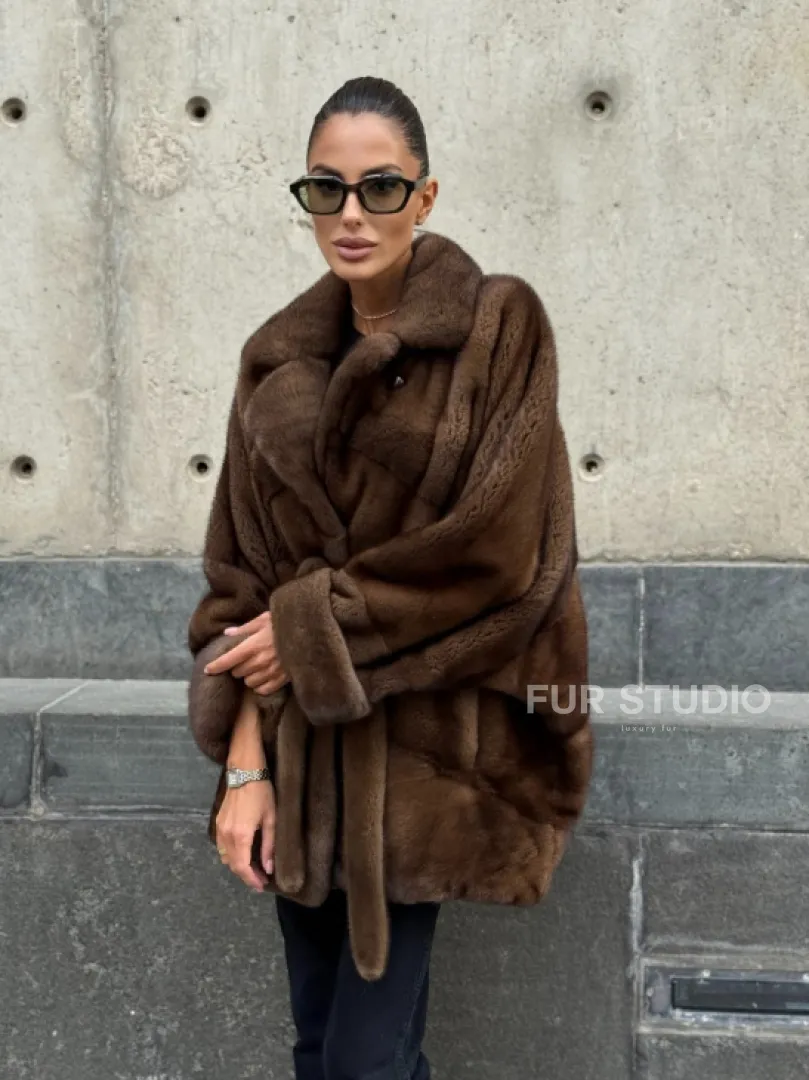 Шуба летучка из премиум меха норки - цвет соболь - фото 13