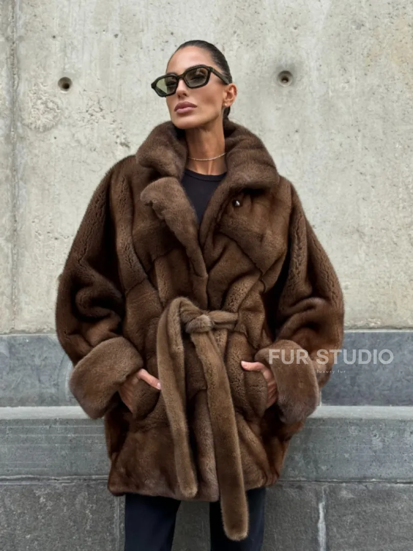 Шуба летучка из премиум меха норки - цвет соболь - фото 11