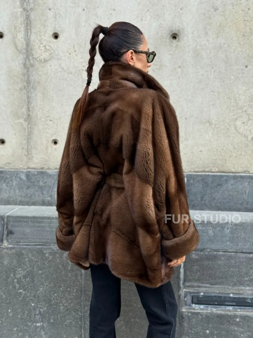 Шуба летучка из премиум меха норки - цвет соболь - фото 9