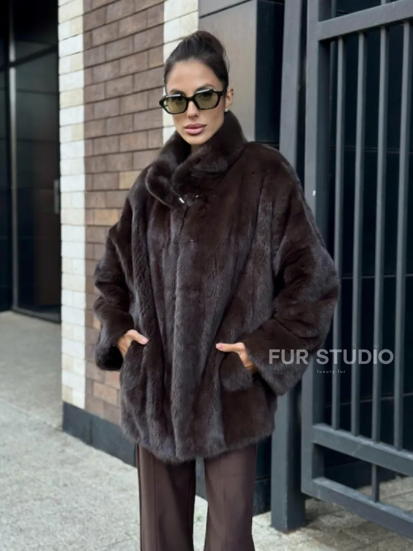 Полушубок автоледи из меха норки - стойка воротник