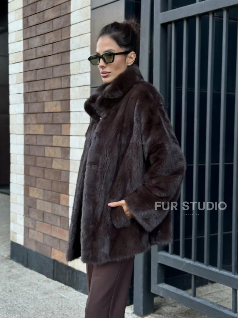 Полушубок автоледи из меха норки - стойка воротник