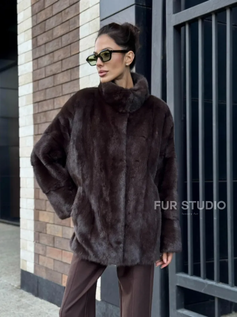 Полушубок автоледи из меха норки - стойка воротник