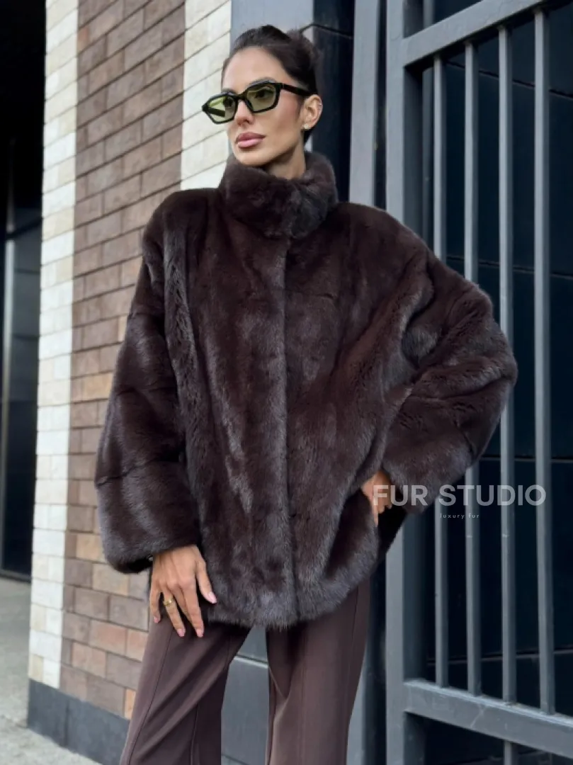 Полушубок автоледи из меха норки - стойка воротник