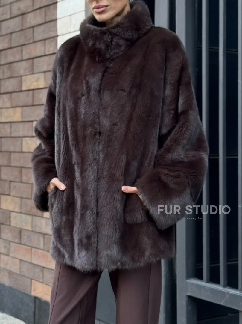 Полушубок автоледи из меха норки - стойка воротник - фото 3