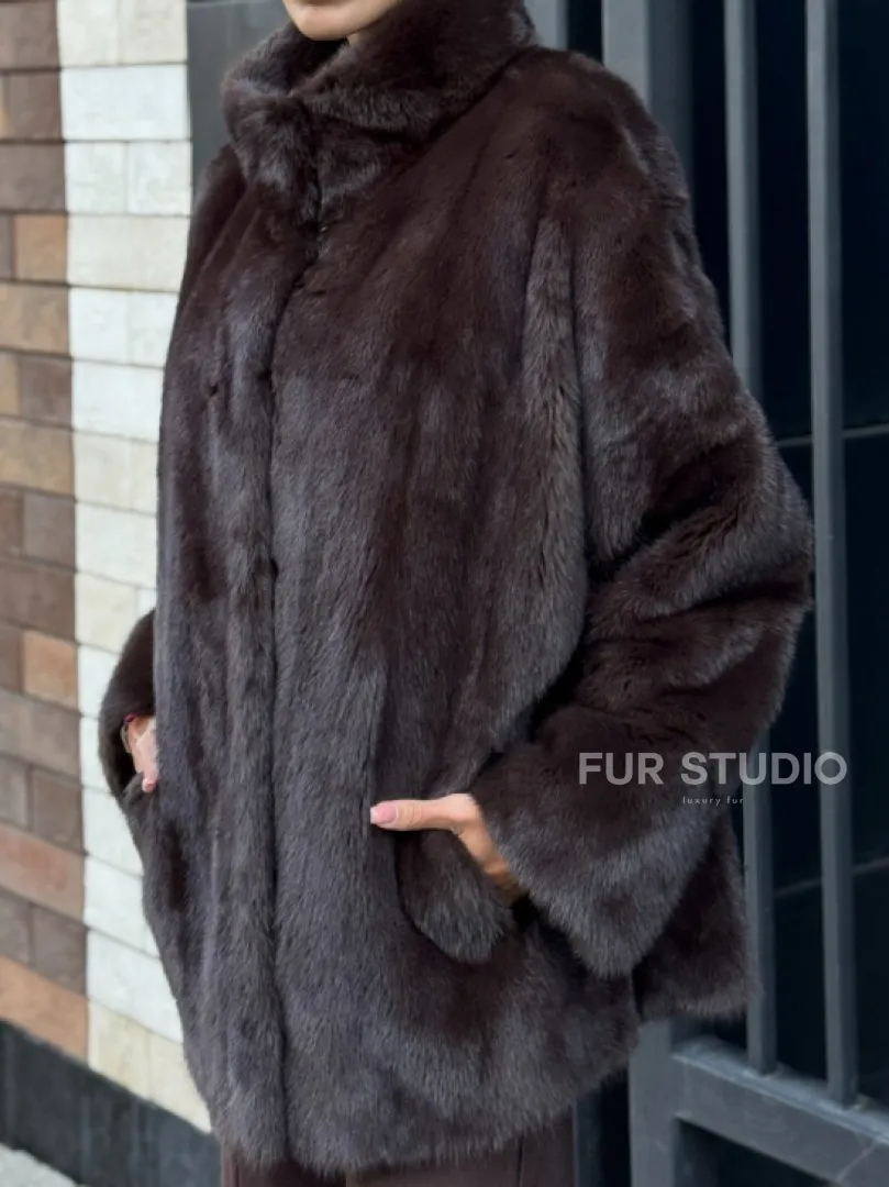 Полушубок автоледи из меха норки - стойка воротник