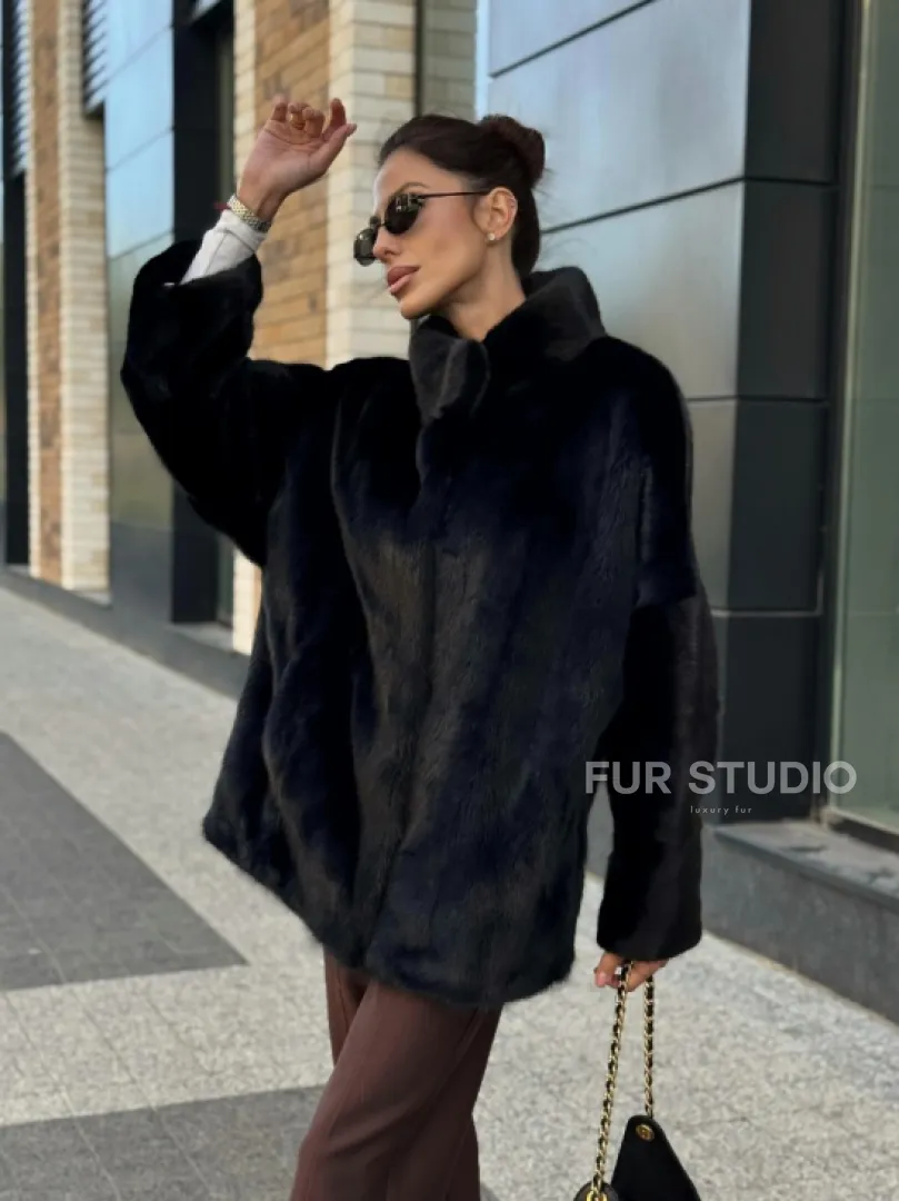 Элегантная черная шубка из меха норки - стойка воротник - фото 12