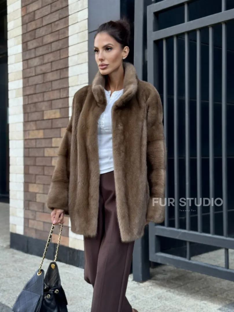 Шуба норковая пастель - стойка воротник - фото 6