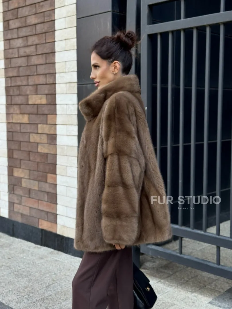 Шуба норковая пастель - стойка воротник - фото 12