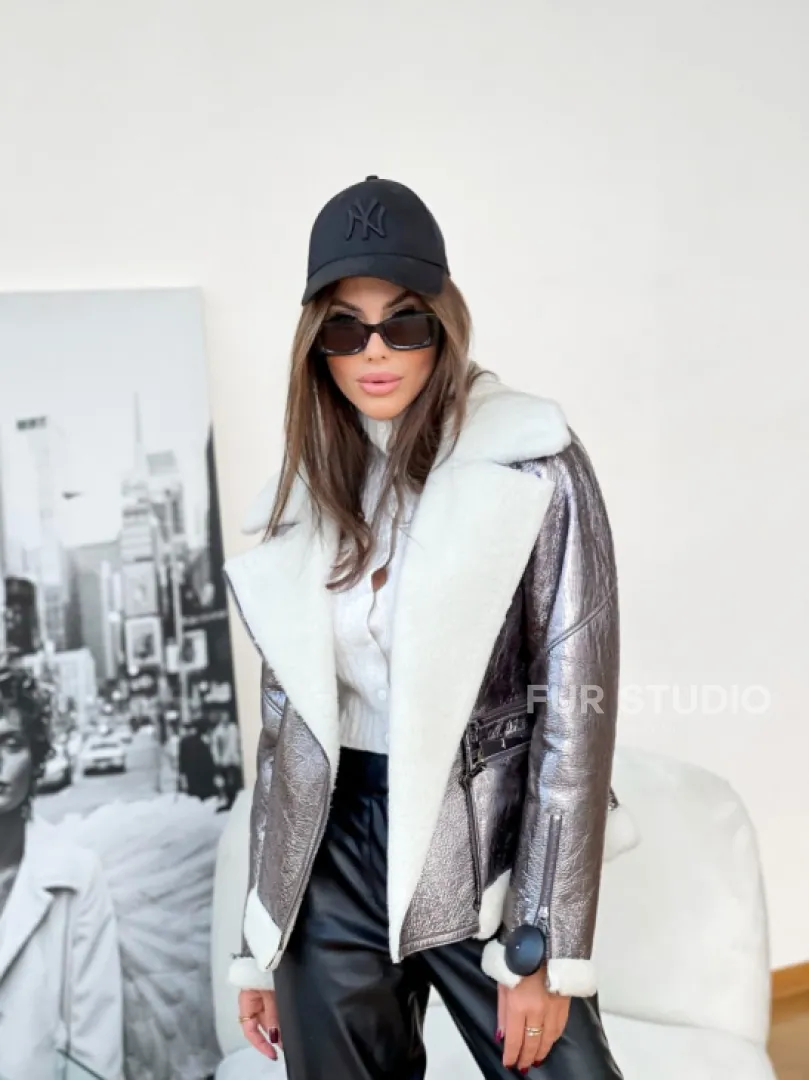 Дубленка овчина короткая - серебро - фото 2