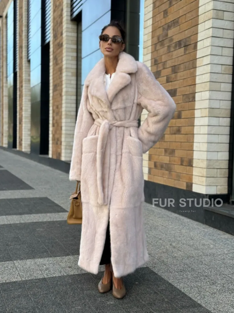 Шуба норковая - пальто с поясом, классика