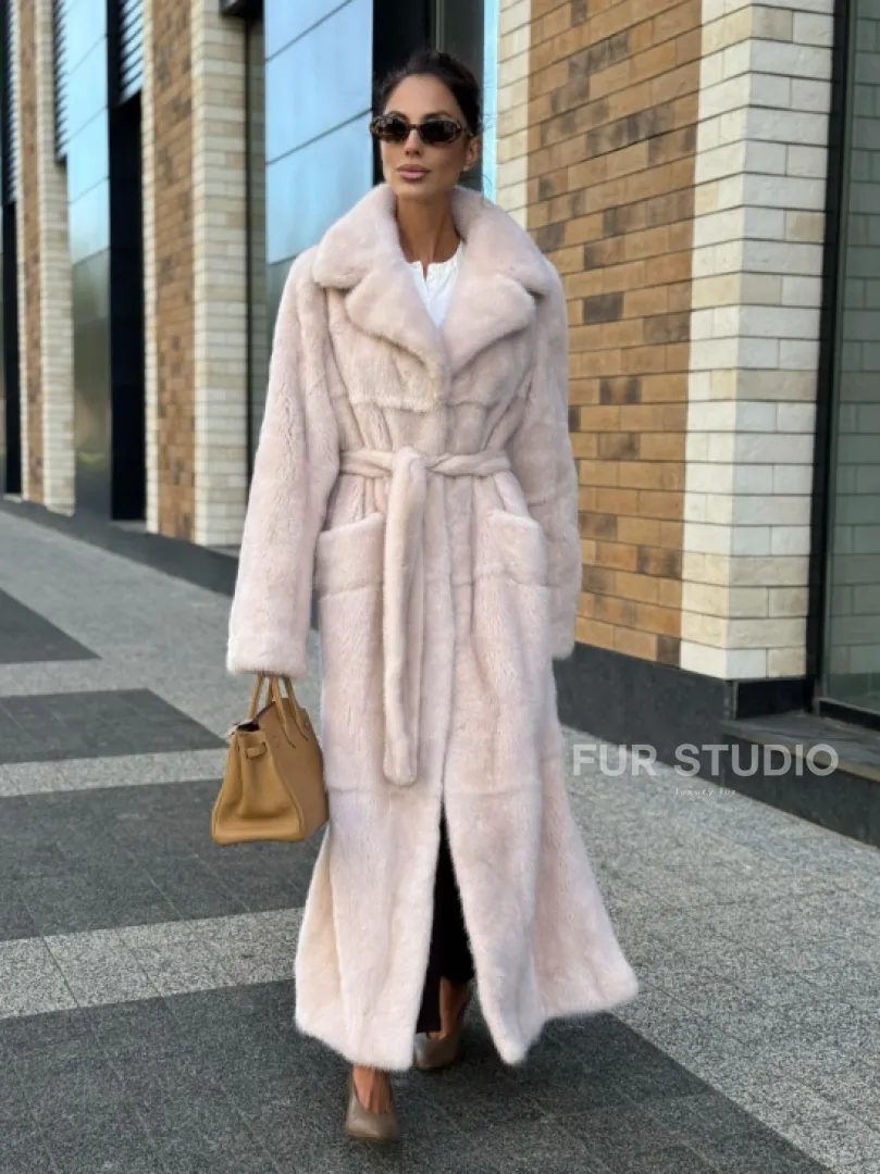 Шуба норковая - пальто с поясом, классика