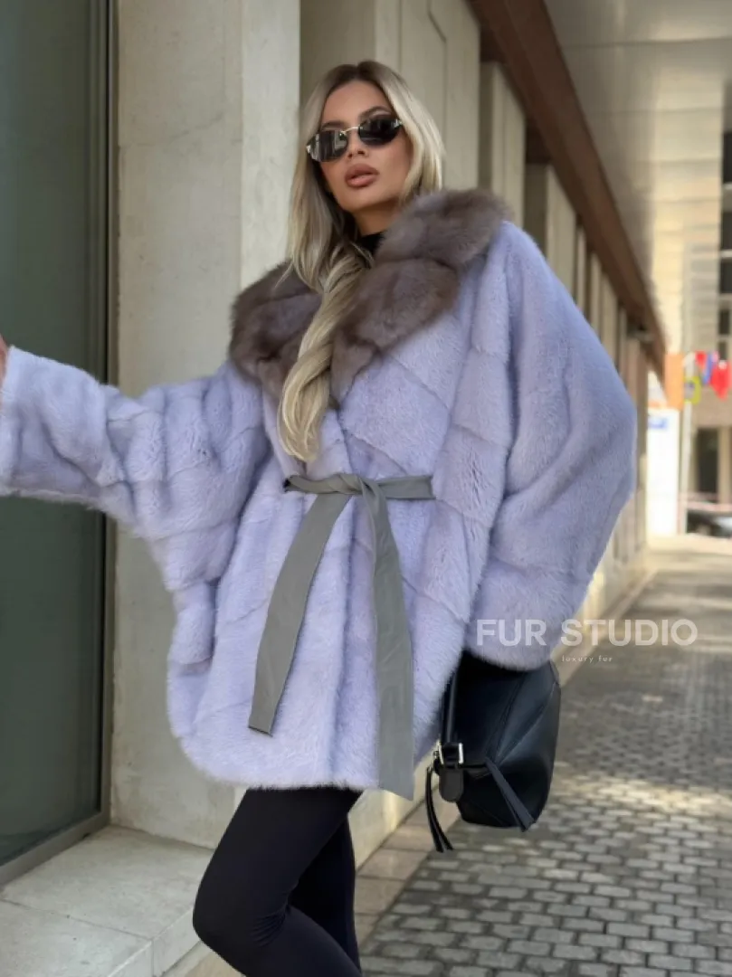 Шуба из норки короткая с куницей воротник - фото 6