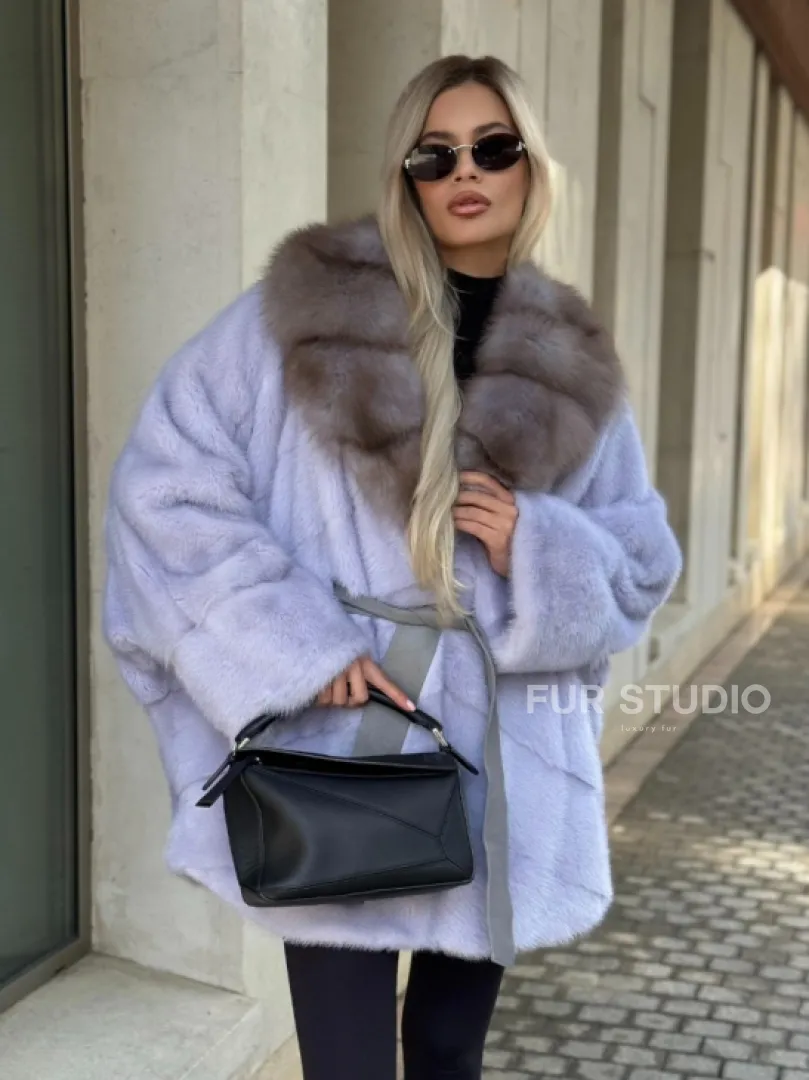 Шуба из норки короткая с куницей воротник - фото 0