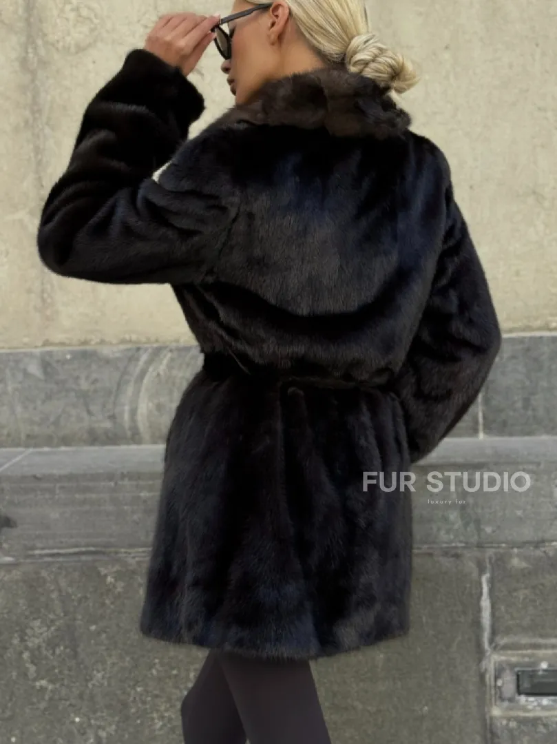 Норковая шуба махагон с куницей - фото 3