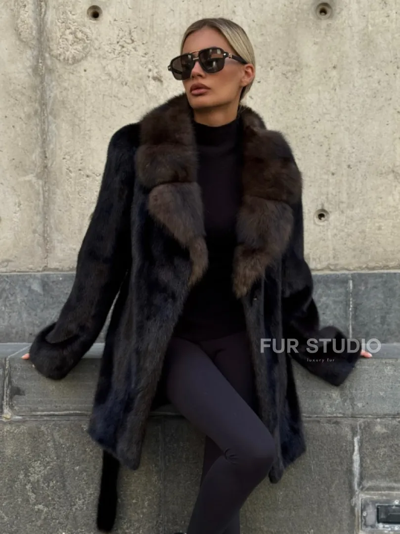 Норковая шуба махагон с куницей - фото 5