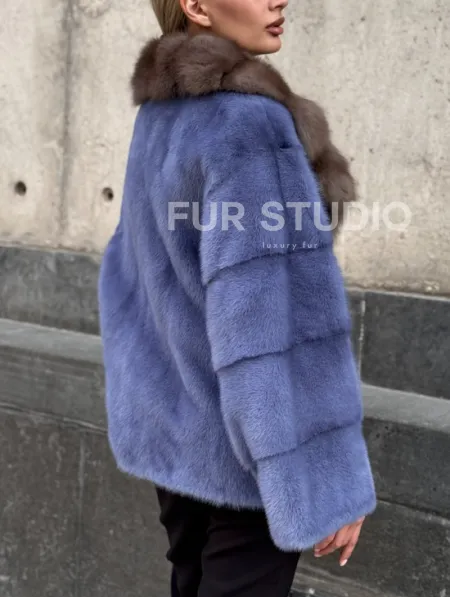 Короткая шуба норковая с воротником из куницы - фото 1