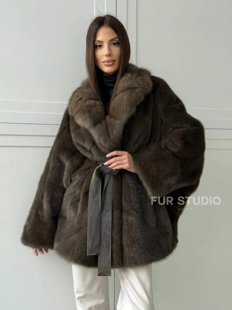 Шуба норковая летучая мышь с воротником из куницы - цвет хаки