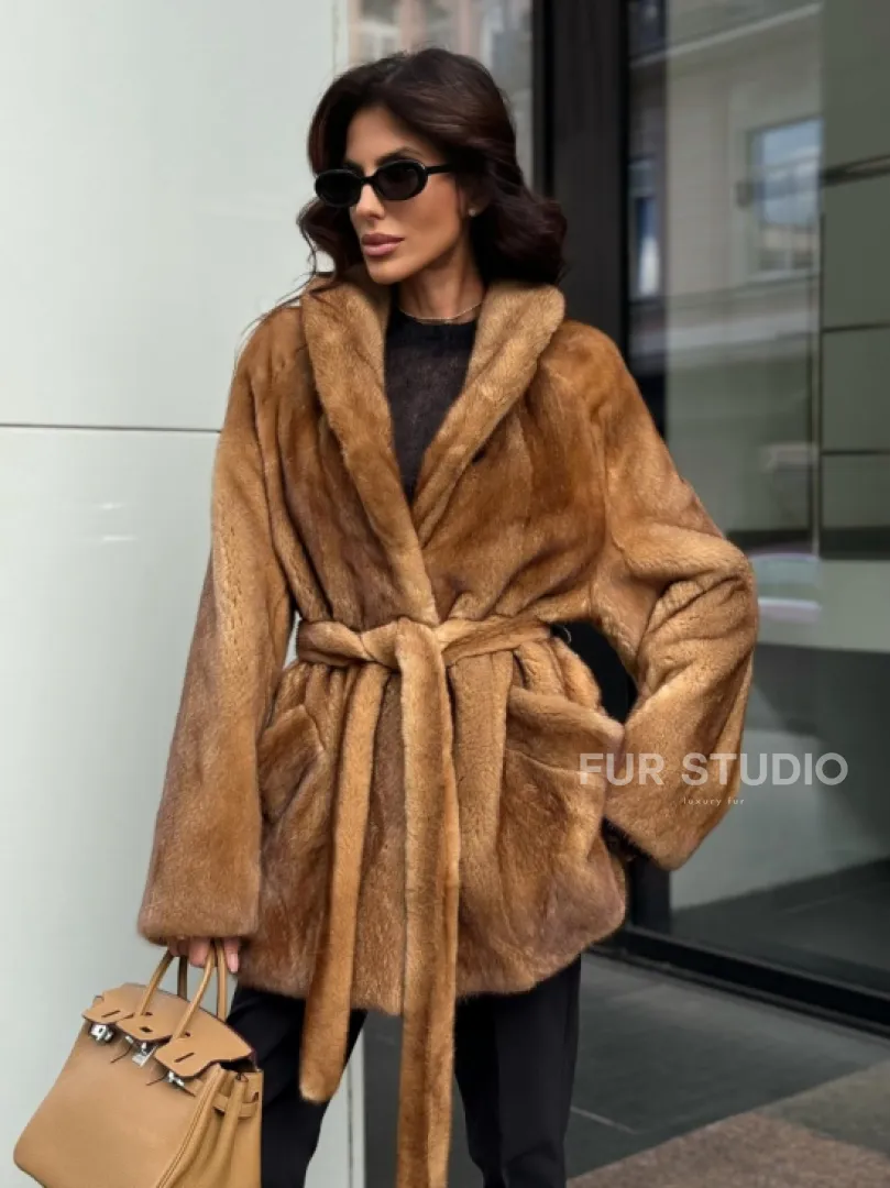 Норка жакет шалевый воротник - цвет Gold - фото 7