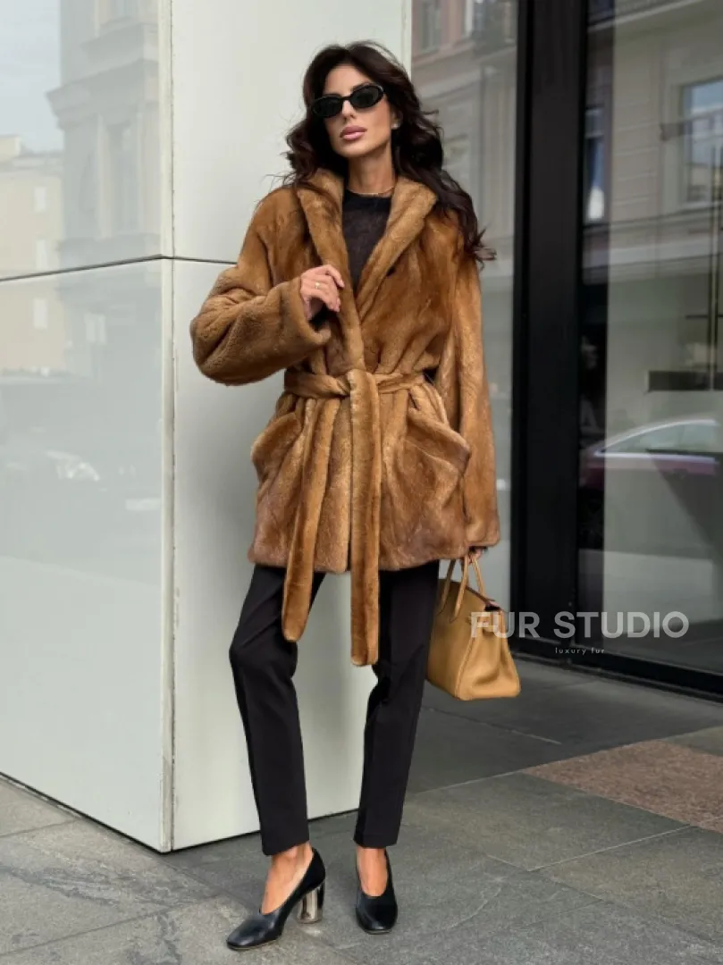 Норка жакет шалевый воротник - цвет Gold - фото 6