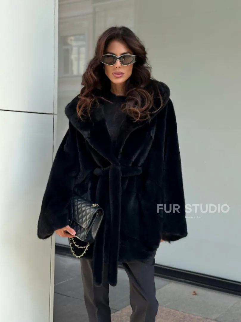 Пончо из норки с капюшоном кобра - черно-синий