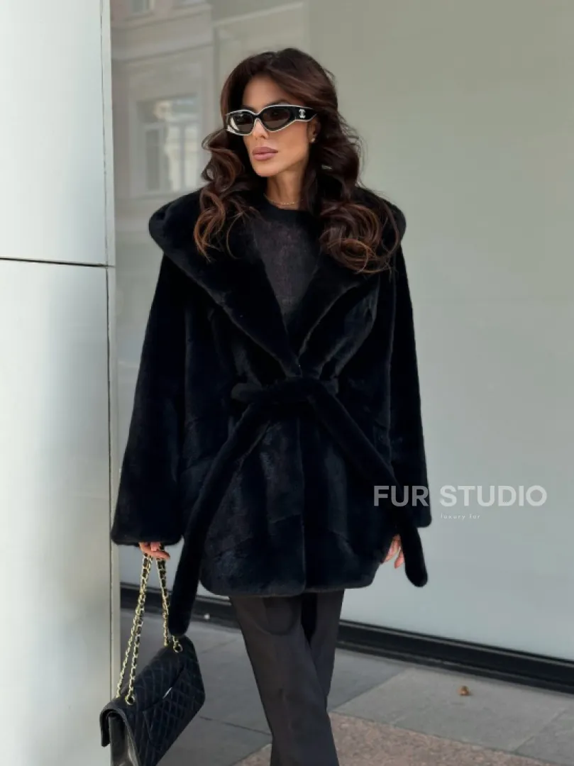 Пончо из норки с капюшоном кобра - черно-синий