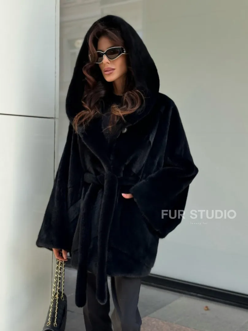 Пончо из норки с капюшоном кобра - черно-синий