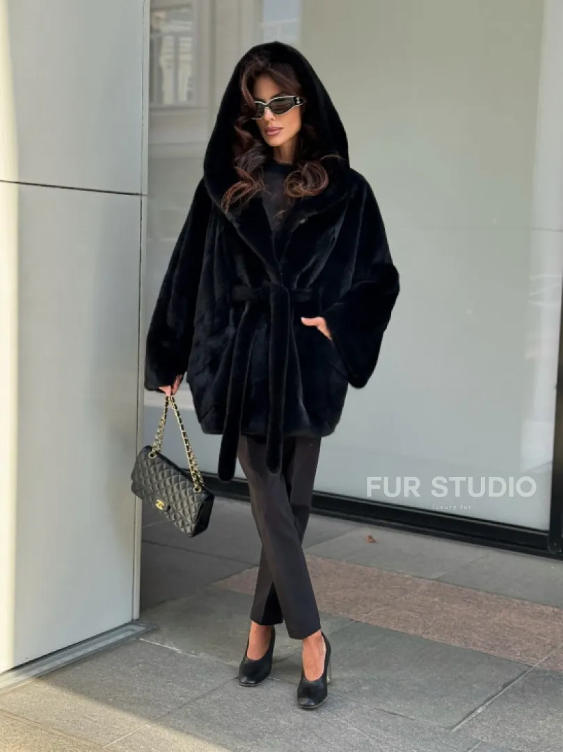 Пончо из норки с капюшоном кобра - черно-синий