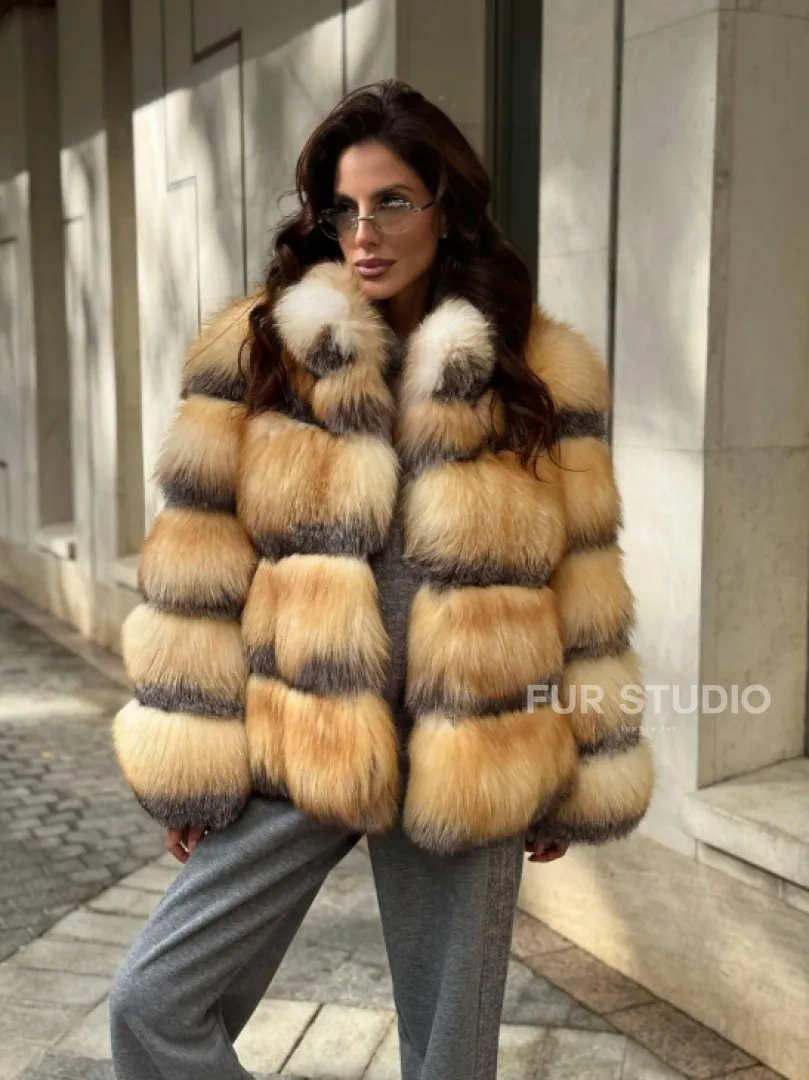 Полушубок из меха лисы Golden-grey fox стойка воротник - фото 8