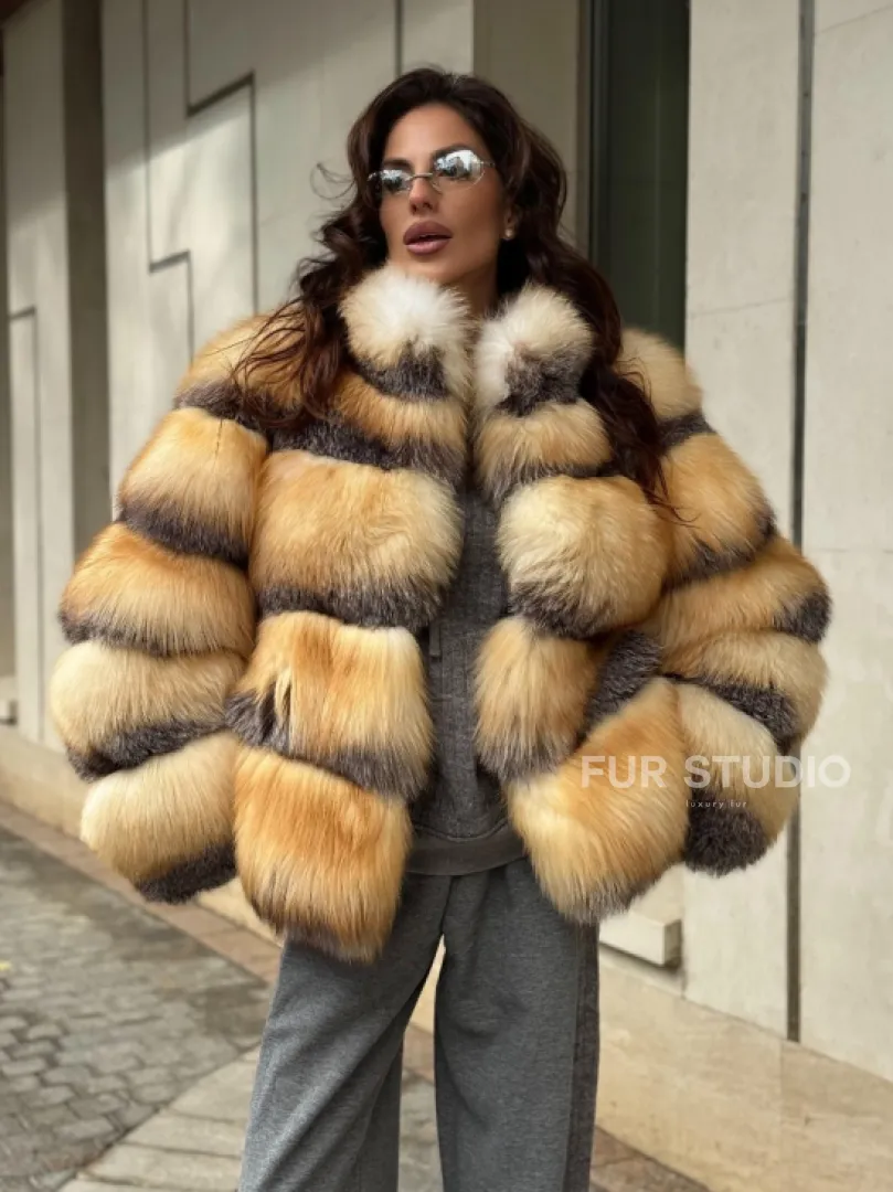 Полушубок из меха лисы Golden-grey fox стойка воротник