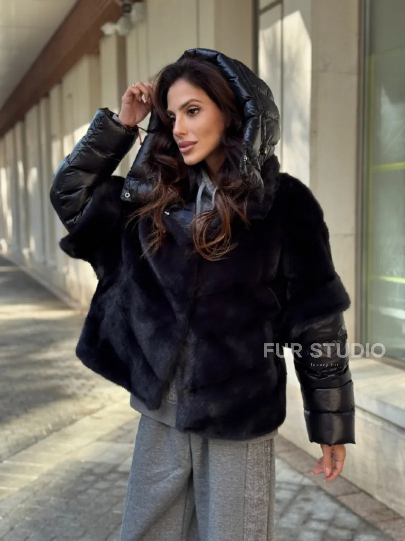 Женская меховая норковая куртка -темный графит