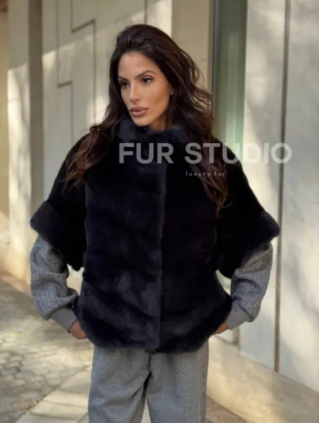 Женская меховая норковая куртка -темный графит - фото 7