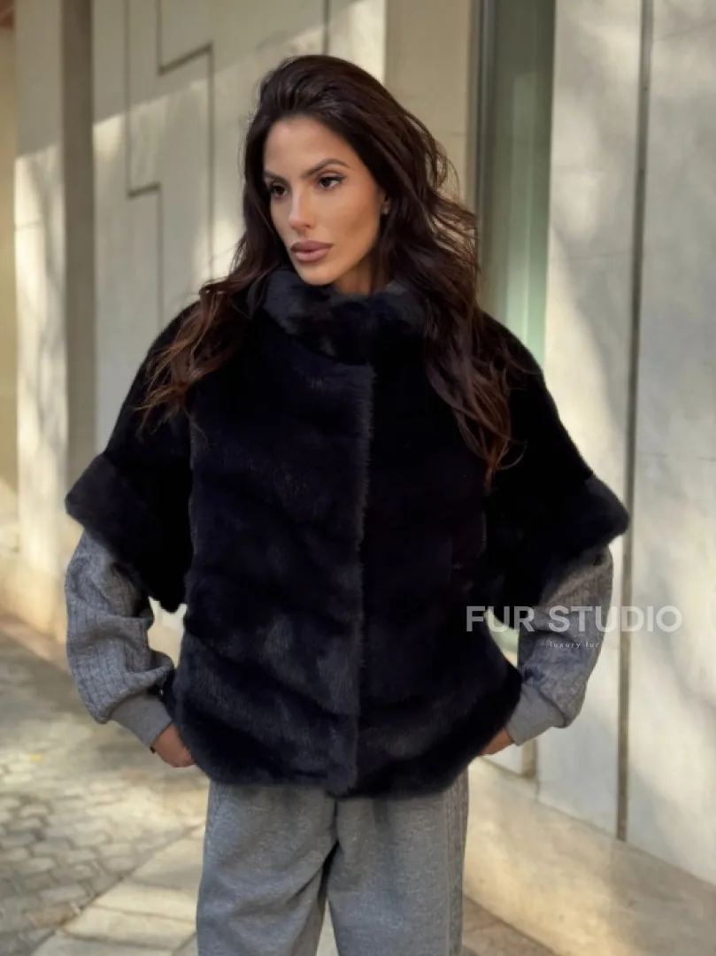 Женская меховая норковая куртка -темный графит