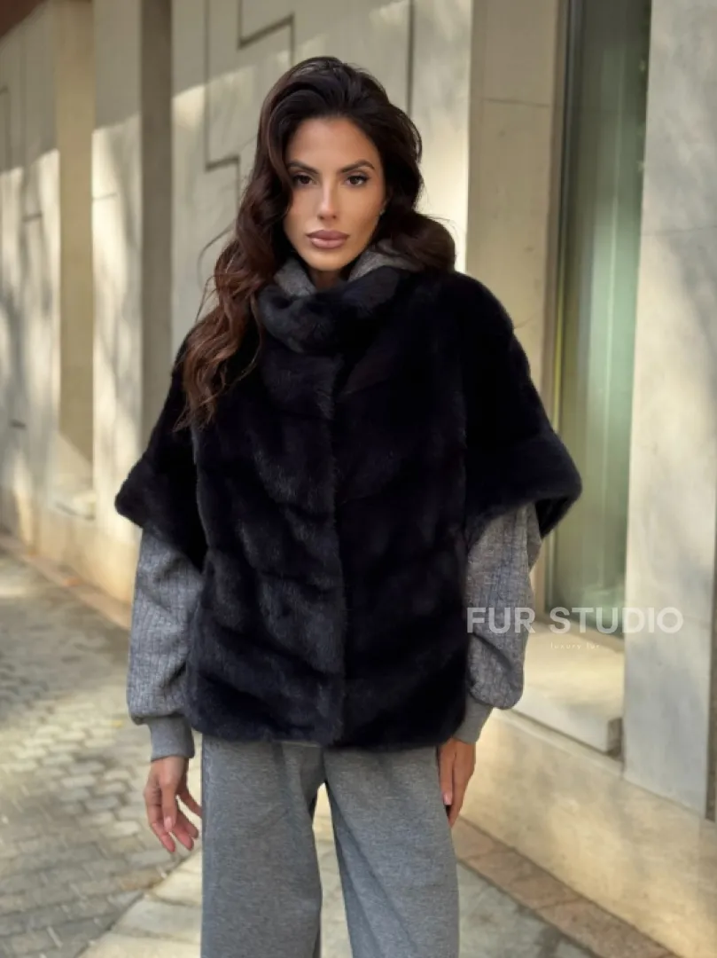 Женская меховая норковая куртка -темный графит