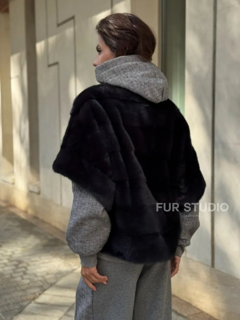 Женская меховая норковая куртка -темный графит