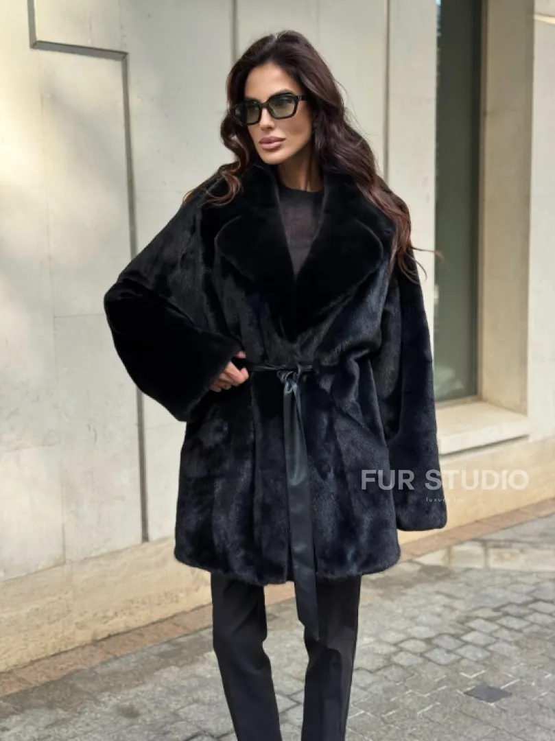 Полушубок из норки с английским воротником - черный