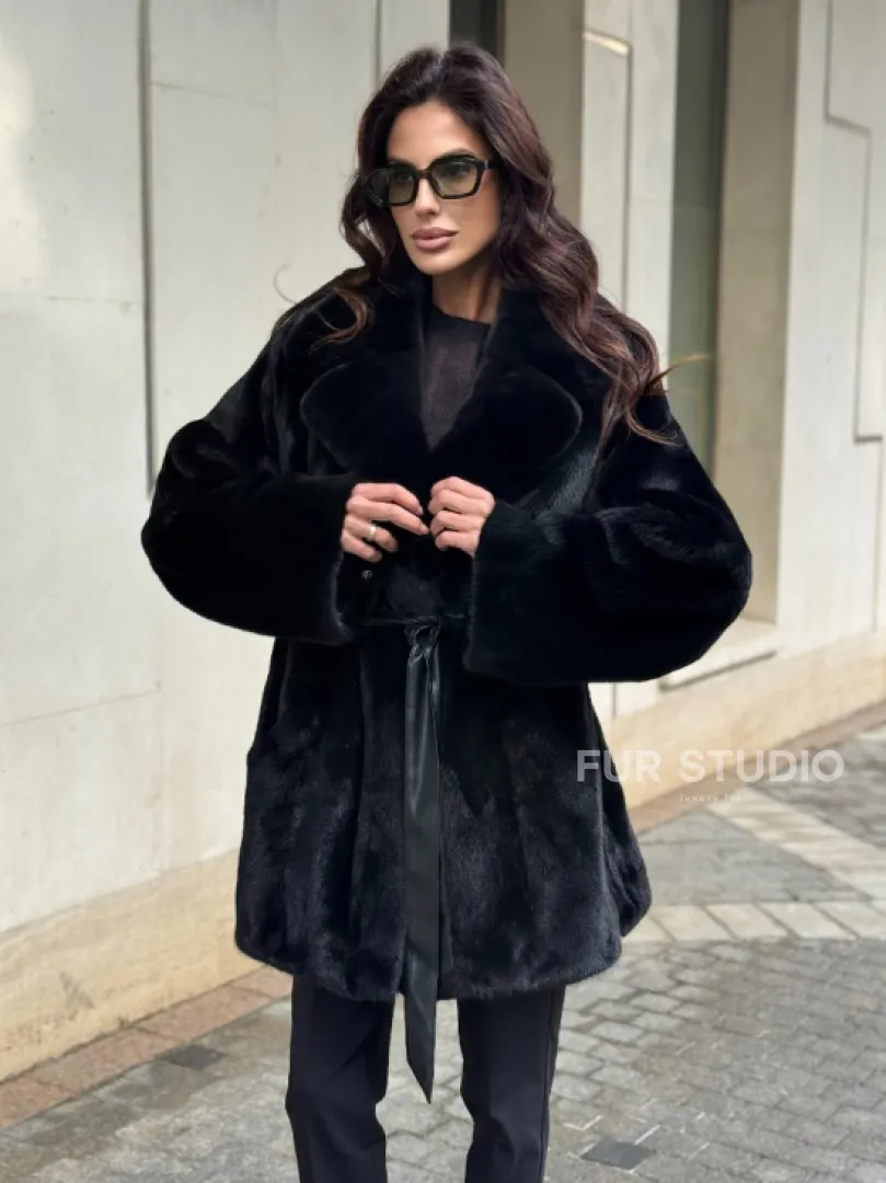 Полушубок из норки с английским воротником - черный - фото 6