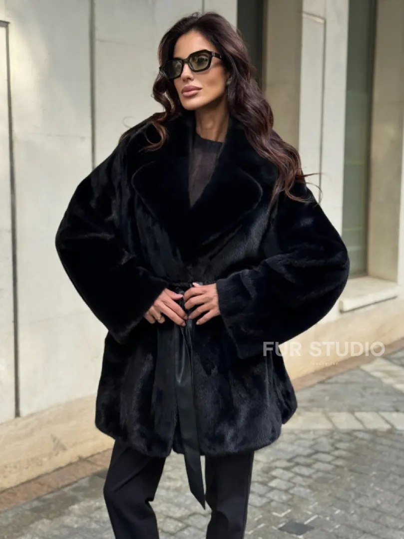 Полушубок из норки с английским воротником - черный