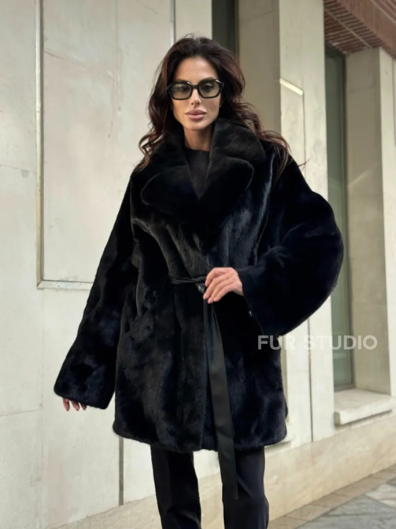 Полушубок из норки с английским воротником - черный - фото 9