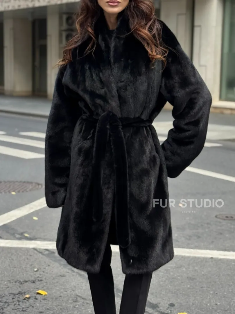 Норковая шуба средняя длина - черная - фото 1
