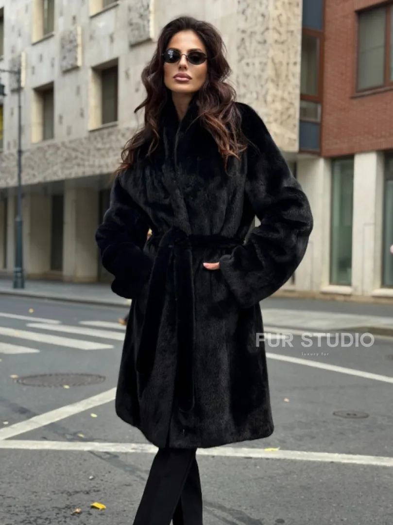 Норковая шуба средняя длина - черная