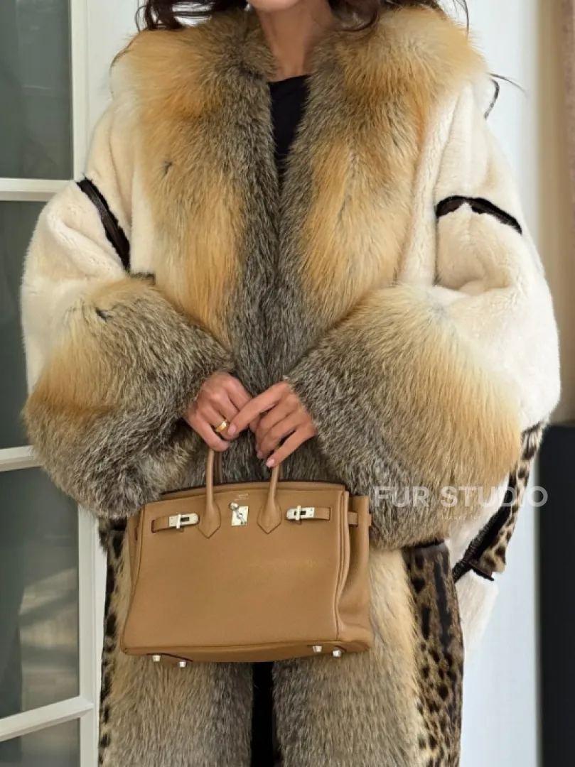 Комбинированная норковая шуба с мехом лисы - белый - фото 1