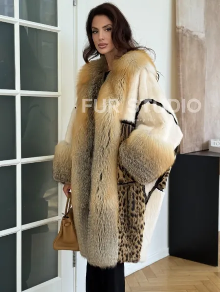 Комбинированная норковая шуба с мехом лисы - белый - фото 0