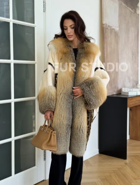 Комбинированная норковая шуба с мехом лисы - белый - фото 6