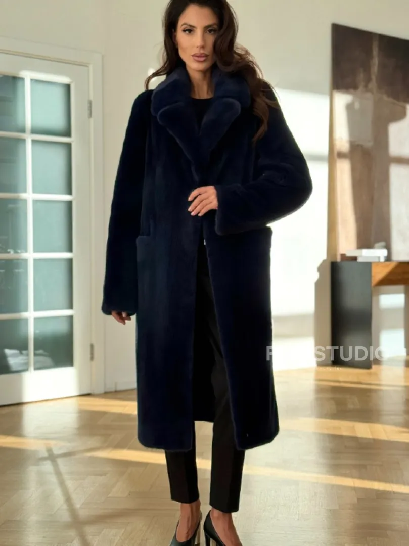 Норковая шуба темно-синего цвета - фото 2