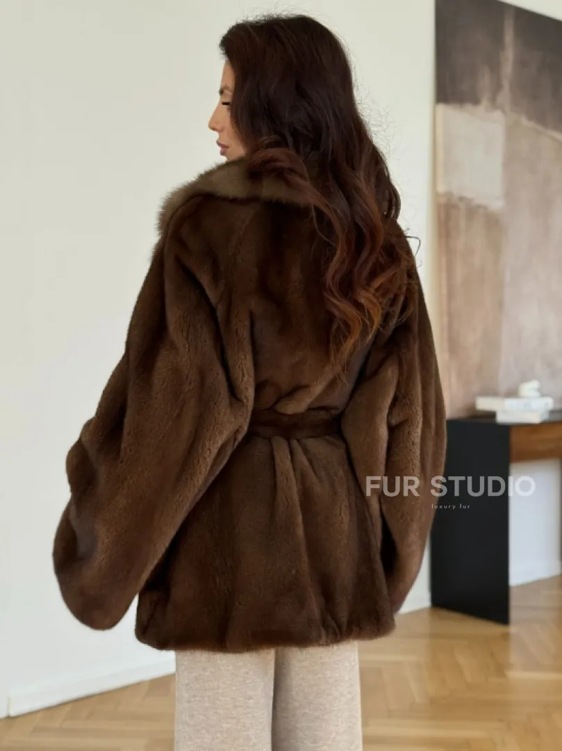 Норковый полушубок - цвет соболь - фото 5