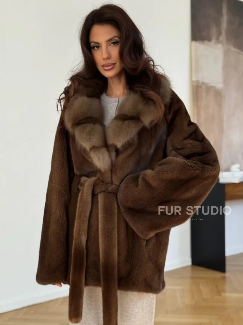 Норковый полушубок - цвет соболь - фото 0